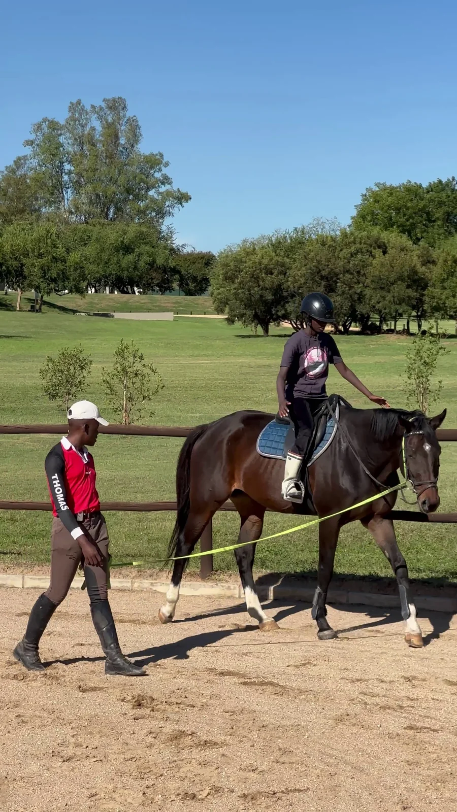 Instructor lunging a bay horse and rider during a lesson