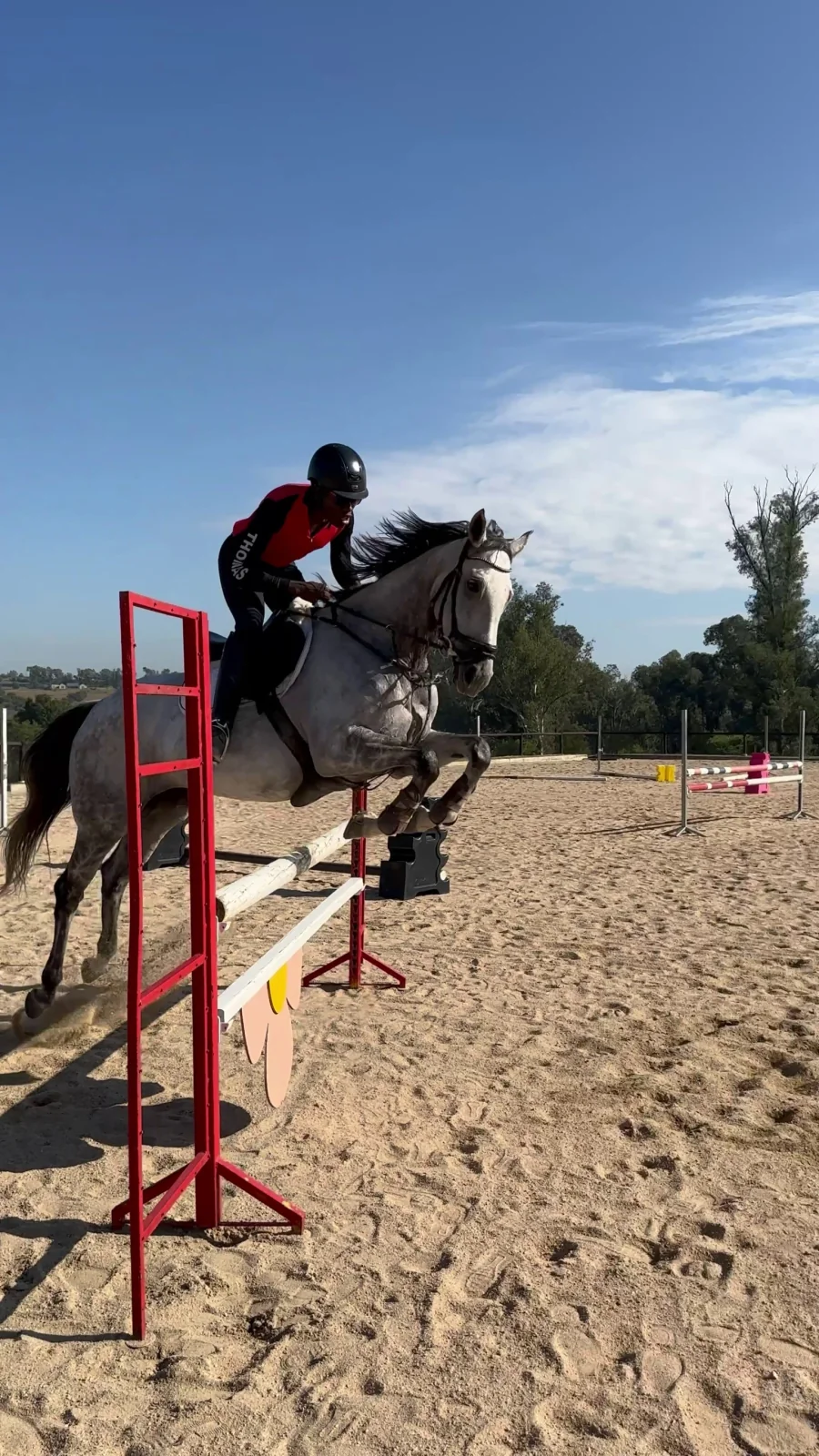 Horse and rider clearing a red and white jump in the arena